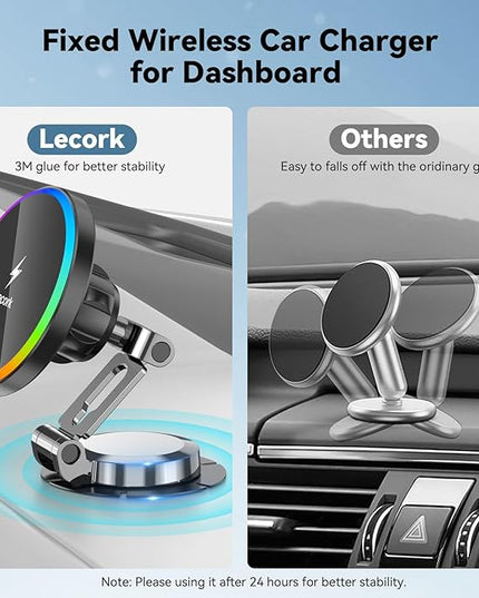 Lecork for Magsafe Car Mount Charger, 15W Magnetic Wireles Car Charger for iPhone 12 13 14 15 16 Series, Stick On Dashboard Phone Holder Mount for Samsung S25 Series, Zinc Alloy Shell, Black