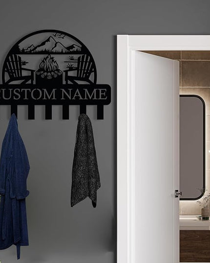 Personalized Campfire Design Metal Key Holder for Wall, Metal Wall Mount Custom Name Hooks, Cabin Key Hooks, Camp Area Key Hanger Decor, Key Rack for Farmhouse, Key Organizer for Living Room, Entryway