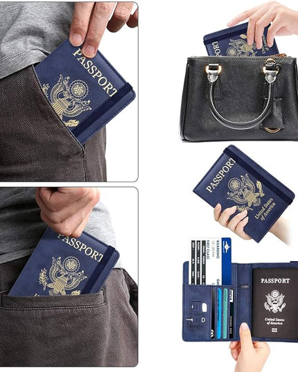 WALNEW Passport Holder for Travel, RFID Passport Cover Wallet for Women Men, PU Leather Passport Book Card Holder Case with Pen, Travelling Essentials for Flying