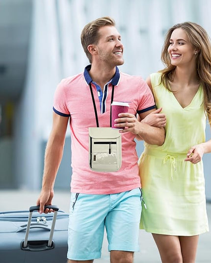RFID Blocking Travel Neck Wallet Pouch and Passport Holder, Travel Neck Pouch Passport Holder for Women & Men - Beige