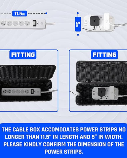 Cable Management Box, Handmade Rattan Cable Organizer with 2 Open Slots, Cord Hider for Power Strip, Router & USB Hub, Registered U.S. Design Patent (D1,112,102), 13" x 5.1" x 5.1", Black