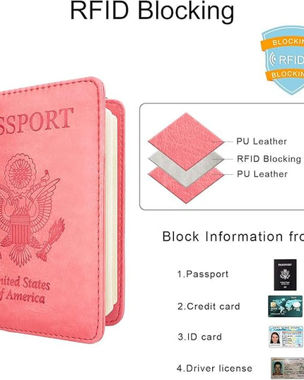 WALNEW Passport Holder for Travel, RFID Passport Cover Wallet for Women Men, PU Leather Passport Book Card Holder Case with Pen, Travelling Essentials for Flying