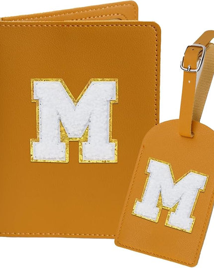 Initial Passport Cover Holder and Luggage tag Set,PU Leather Passport Case Travel Suitcase Tag with Letter Patch, Personalized Travel Luggage Accessories Gifts for Women Grils Teenage Ginger M
