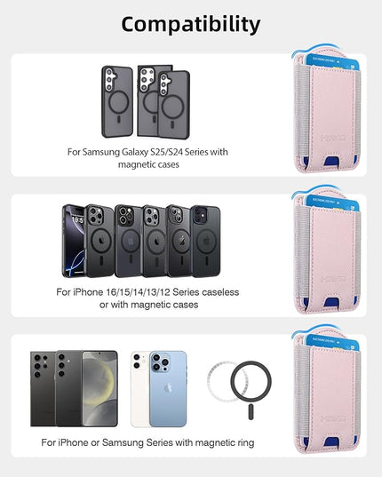 HiWe for MagSafe Wallet for Galaxy S25/S24 Series with Magnetic Case and iPhone 17/16/15/14/13/12 Series, No Case, 6 Cards Holder, RFID Leather Slim, Pink