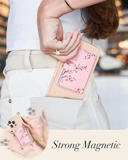 Shorogyt for Magnetic Phone Wallet Compatible with Magsafe Card Holder -Cute Luxury Slim Leather Mag Wallets for Women Fit 4 Cards,for iPhone 17/16/15/14/13/12 Series for Apple RFID Magnet, Blossom