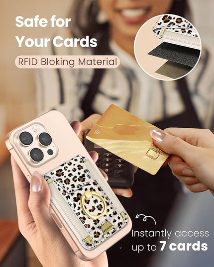 Shorogyt Compatible with Magsafe Wallet with Ring Grip Magnetic Card Holder - Cute Phone Wallets with Stand for iPhone 17/16/15/14/13/12 Series for Women Girls White Leopard Design, Fit 7 Cards