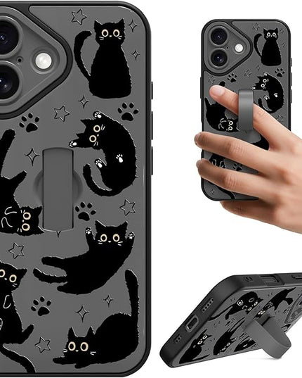 Cute Case for iPhone 16 Case with Finger Loop Stand, Kawaii Black Cats Pattern Design for Women Girls Boys, Full Camera Protection Protective Phone Cover with Hand Strap Kickstand