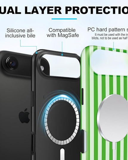 Magnetic for iPhone 17 Air Case Cute Stripes Phone Case, Shockproof Slim TPU and Hard PC Protective Phone Cover Compatible with MagSafe Designed for Women Girls, Deep Green