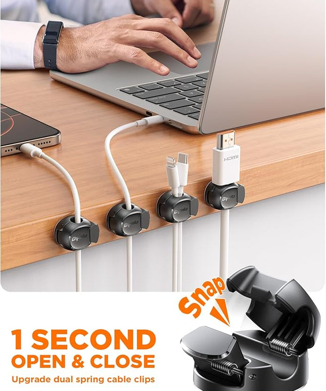 8Pack Cord Organizer [Dual Spring & Clasp, Max Secure] Cable Clips - Chfeila Cable Management, Adhesive Phone Charging Wire Holder for Nightstand/Wall, Home Office Desk Accessories Decor Essentials