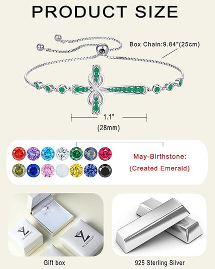 YL Cross Bracelet 925 Sterling Silver Infinity Sideways Link Bracelet Birthstone Jewelry for Women