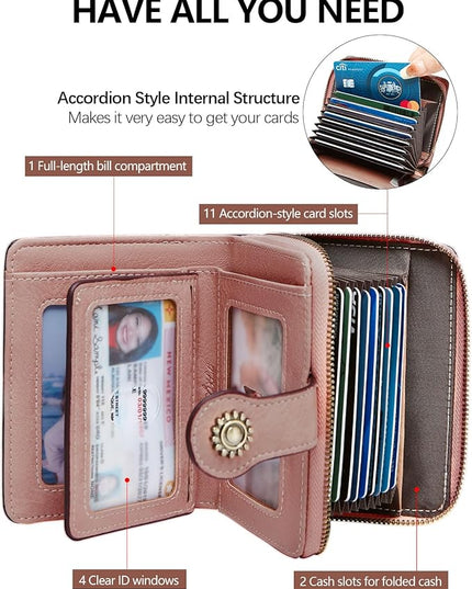 TFKGS Small Womens Wallet Leather RFID Blocking Bifold Compact Card Holder Ladies Zipper Accordion Pocket with ID Window Pink