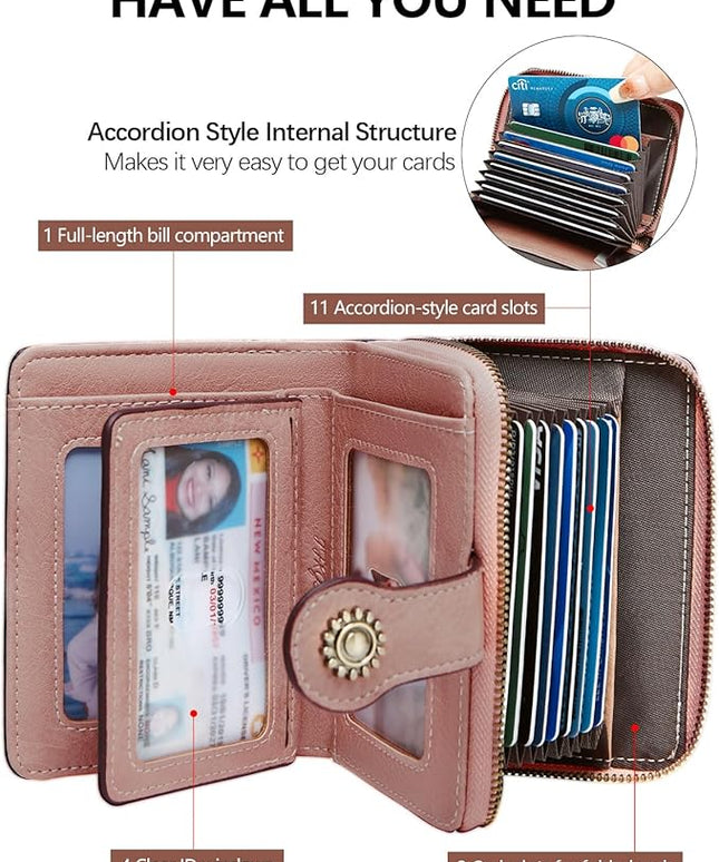 TFKGS Small Womens Wallet Leather RFID Blocking Bifold Compact Card Holder Ladies Zipper Accordion Pocket with ID Window Pink