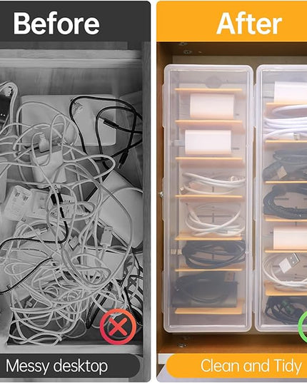 Clear Cable Organizer Box with Lid, Plastic Charger Cable Cord Storage Organizer, Office Desk Organizers, Multifunctional Accessories Storage for Home Drawer Office, Stackable, Clear