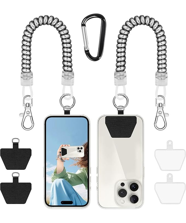 Doormoon 2* Phone Lanyard Tether with 4* Patch, iPhone Lanyard Anti Theft Phone Strap for Outdoor Hiking Climbing, Silver