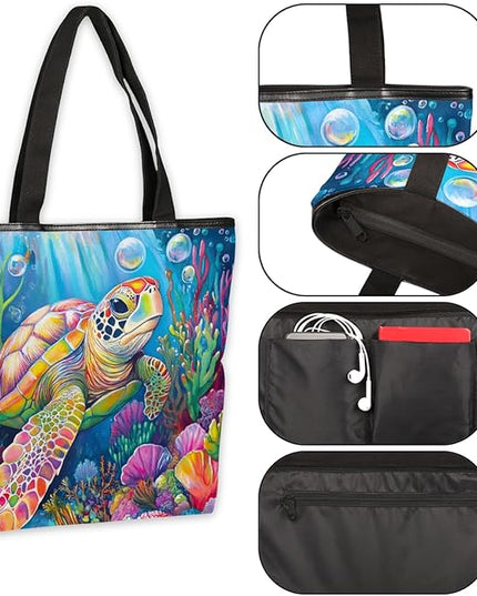 Pardick Canvas Tote Bags, Ocean Turtle Tote Bag Eco Friendly Reusable Grocery Shopping Bagsfor Beach, Books, Women with Zipper Inner Pocket