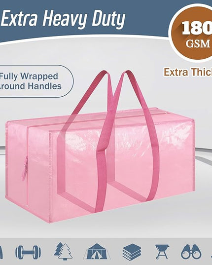 12 Pack Extra Heavy Duty Large Moving Bags with Strong Zipper & Comfortable Handles, Sturdy & Durable Clothes Storage Bags Totes Bins, Packing Moving Boxes for College Supplies, Pink