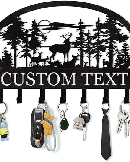 KAINSY Personalized Key Holder for Wall, Custom Name Deer Key Holder Wall Mount, Metal Cabin Key Coat Rack, Wall Key Hooks Organizer Key Hanger for Kitchen, Doorway, Hallway, Office, Home Decor Gifts