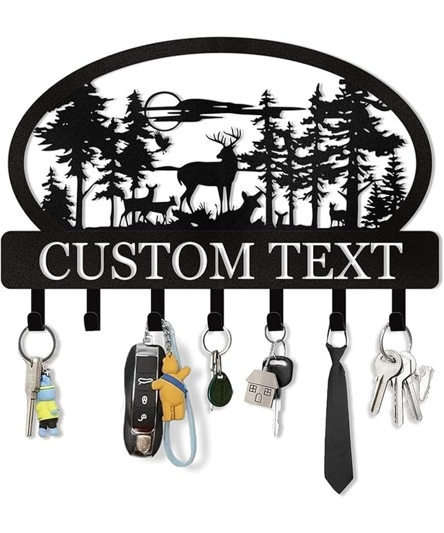 KAINSY Personalized Key Holder for Wall, Custom Name Deer Key Holder Wall Mount, Metal Cabin Key Coat Rack, Wall Key Hooks Organizer Key Hanger for Kitchen, Doorway, Hallway, Office, Home Decor Gifts