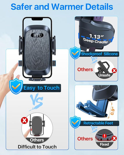 HTU [2026 True Military-Grade] Car Phone Holder [Upgraded Strongest Suction & Clip] Cell Phone Mount for Dashboard Windshield Vent,Truck Cradle Stand for iPhone 16 Pro Max Samsung Android (Black)