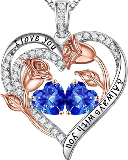 Iefil Christmas Gifts for Women Wife - 925 Sterling Silver Rose Heart Birthstone Necklace Birthday Anniversary Jewelry Gifts for Her Wife Mom Daughter
