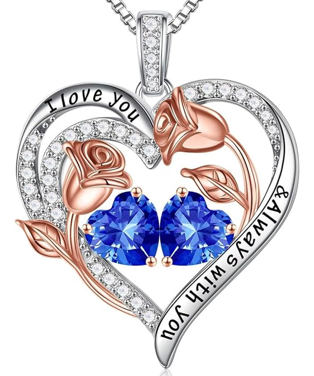 Iefil Christmas Gifts for Women Wife - 925 Sterling Silver Rose Heart Birthstone Necklace Birthday Anniversary Jewelry Gifts for Her Wife Mom Daughter