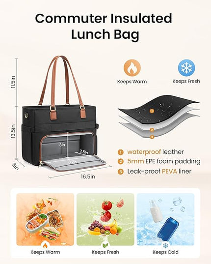 LOVEVOOK Teacher Tote Bag, Laptop Bag for Women with Large Cup Holder & Accordion File Area, Work Tote Bag for Business