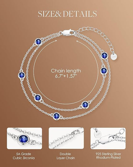 LOUISA SECRET Birthstone Bracelets for Women, 925 Sterling Silver Charm Link Double Strand Bracelet, Birthday Anniversary Christmas Jewelry Gifts for Wife Girlfriend Mother her…