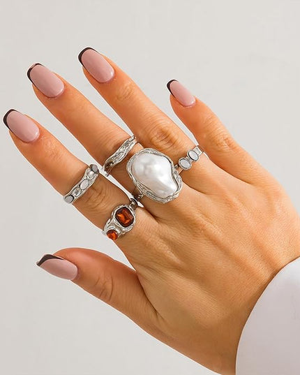 Chunky Gold Rings for Women Non Tarnish Statement Flower Ring Baroque Pearl Stackable Rings Set 6Pcs Chunky Jewelry