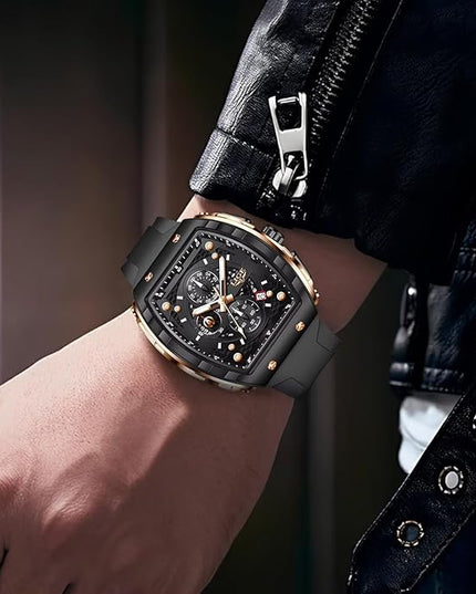 Mens Watches,Unique Rectangular Quartz Analog Watch,Outdoor Sports Multi-Function Watch,Chronograph/Waterproof/Luminous/Calendar,Durable Silicone Strap Mens Casual Watches