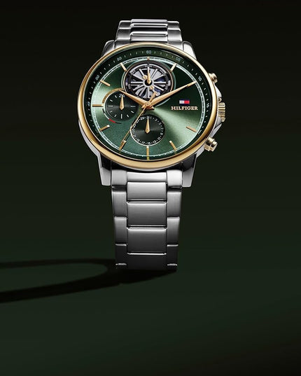 Tommy Hilfiger Men's Multifunction Quartz Watch – 44mm Stainless Steel Case, Double-Layer Dial, Link Bracelet, Skeleton-Inspired Design - Gift for Him