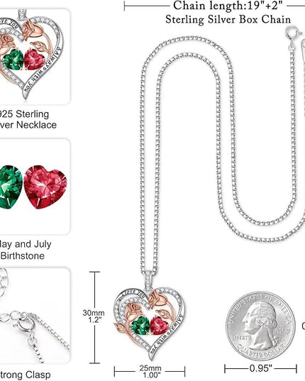 Iefil Christmas Gifts for Women Wife - 925 Sterling Silver Rose Heart Birthstone Necklace Birthday Anniversary Jewelry Gifts for Her Wife Mom Daughter