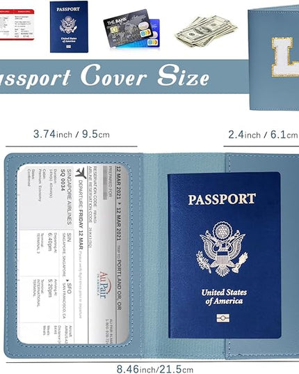 Initial Passport Cover Holder and Luggage tag Set,PU Leather Passport Case Travel Suitcase Tag with Letter Patch, Personalized Travel Luggage Accessories Gifts for Women Grils Teenage Haze Blue D
