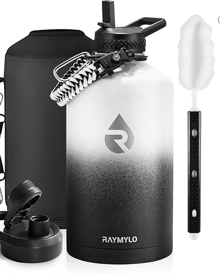 One Gallon Water Bottle Insulated, Triple Walled Vacuum Stainless Steel (Cold for 48 Hrs), Leak Proof & Non-BPA, Large Water Flask Jug with Paracord Handle & Straw Spout Lids