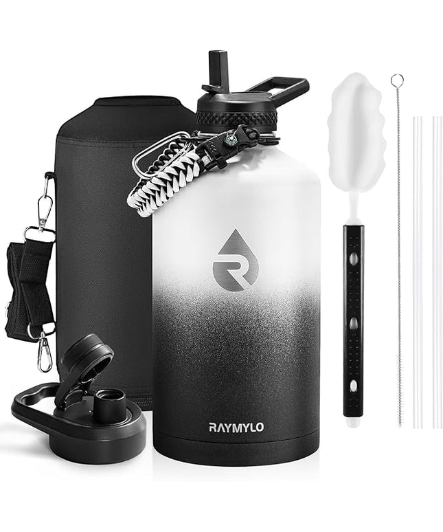 One Gallon Water Bottle Insulated, Triple Walled Vacuum Stainless Steel (Cold for 48 Hrs), Leak Proof & Non-BPA, Large Water Flask Jug with Paracord Handle & Straw Spout Lids