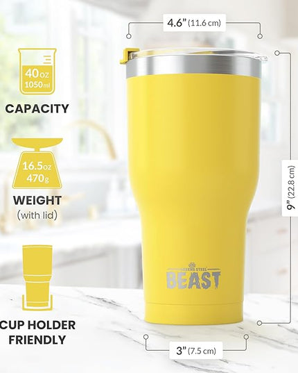 Beast 40 oz Tumbler Stainless Steel Vacuum Insulated Coffee Ice Cup Double Wall Travel Flask (Lemon)