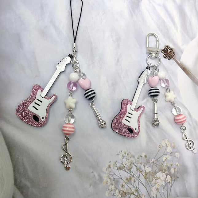 2PCS Cute Phone Charms Aesthetic Y2k Pink Guitar Strawberry Star Phone Straps Key Chains for Keys Bags Camera