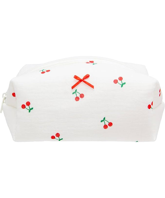 PAZIMIIK Cozy Makeup Bag Small Aesthetic Travel Zipper Cosmetic Pouch for Women Make Up Beauty Accessories Brushes,Cherry White