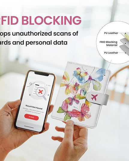 Passport Holder for Travel Essentials, RFID Blocking Leather Cover Wallet with Magnetic Closure, Aesthetic & Cute Passport Book Case for Women and Men - Butterfly