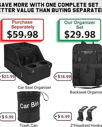 Car Organizer and Storage 5-in-1 Set with Front Seat Organizer, Backseat Organizer, Car Trash Can & 2 Headrest Hooks, Universal Car Storage Accessories for SUV Truck & Sedan Vehicle