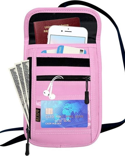 RFID Blocking Travel Neck Wallet Pouch and Passport Holder, Travel Neck Pouch Passport Holder for Women & Men - Pink