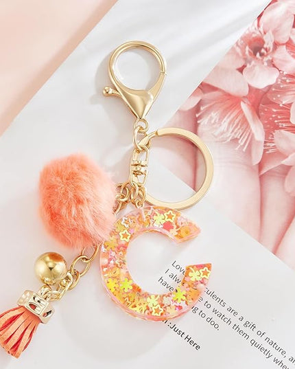 Resin Alphabet Initial Letter Keychain Keyring for Women Purse Handbags With Fur Ball Pom