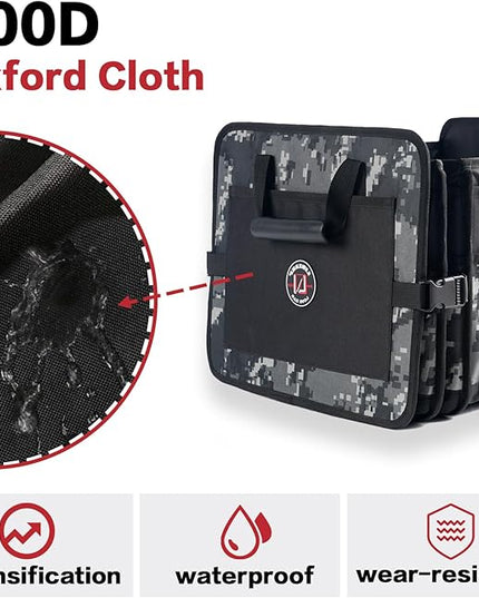 LIBZAKI Car Trunk Organizer,3 Compartments Big Trunk Storage, Large Capacity, Foldable, 95L Heavy Duty Storage Box for Car, SUV, Truck,Jeep, Includes 26L Cooler Bag-Black Camouflage