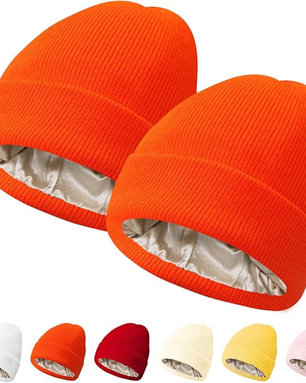 PFFY 2 Packs Womens Satin Lined Beanie Hat Silk Lining Winter Hats Beanies for Women Soft Slouchy Beanie Skull Cap