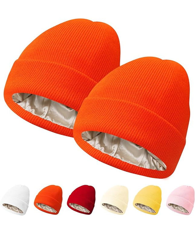 PFFY 2 Packs Womens Satin Lined Beanie Hat Silk Lining Winter Hats Beanies for Women Soft Slouchy Beanie Skull Cap