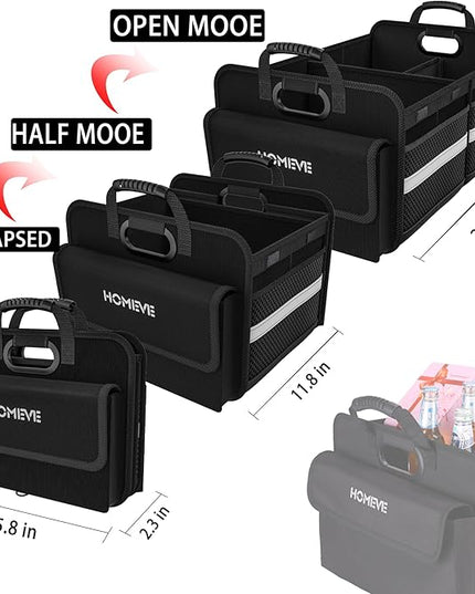 Homeve Trunk Organizer for Car, Collapsible Storage Box, Car Storage Organizer, 3 Compartment, Multi Pockets, Non Slip Strips, Adjustable Securing Straps, Black