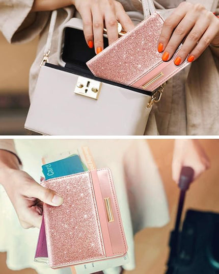 Passport Holder Cover Travel RFID Blocking Passport Cover Rose Gold Cute Flowers Passport Wallet with Elastic Band for Women