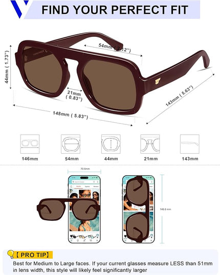 VANLINKER Oversized Retro Square Aviator Sunglasses for Women Men 70s Vintage Style Trendy Big Flat Top Sun Glasses VL9826