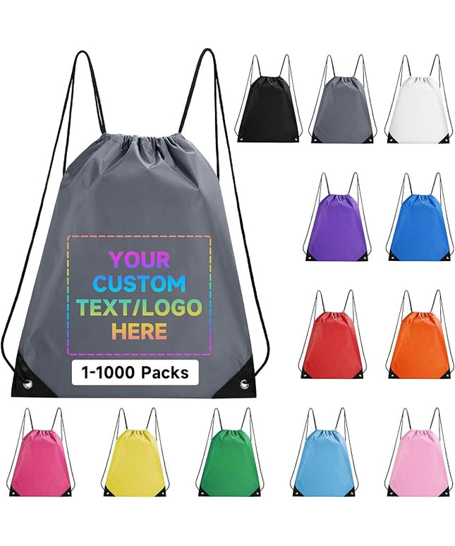 Custom Drawstring Backpacks With Your Logo, 100 Pack Personalized Text Drawstring Bags String Bag Bulk, Great for Travelling, Gym and for Everyday Use (Grey)