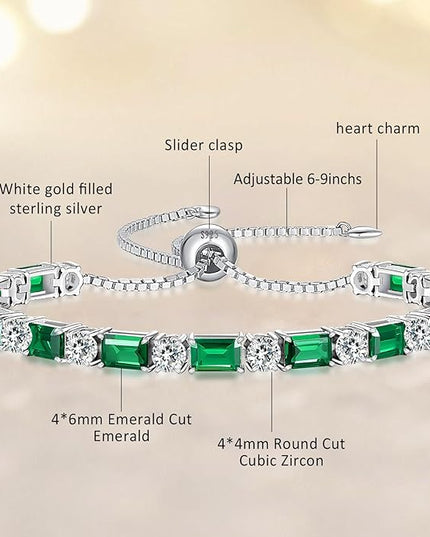 Birthstone Tennis Bracelets for Women White Gold Sterling Silver Gemstone Bracelets Adjustable Chain 6-9 Inchs Jewelry Anniversary Birthday Gifts for Women Mom Wife Her