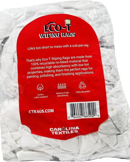 1 Lb Bag Eco-T Paint Rags - White T-Shirt Material, 100% Recycled, Eco-Friendly, High Absorbency, Low Lint, Low-Cost, Painting and Cleaning Cloth